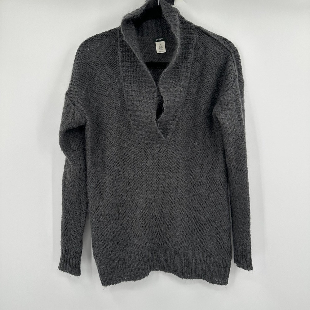J.Crew Sweater Womens Small Gray Mohair Wool Blend Shawl Collar Deep V Pullover‎